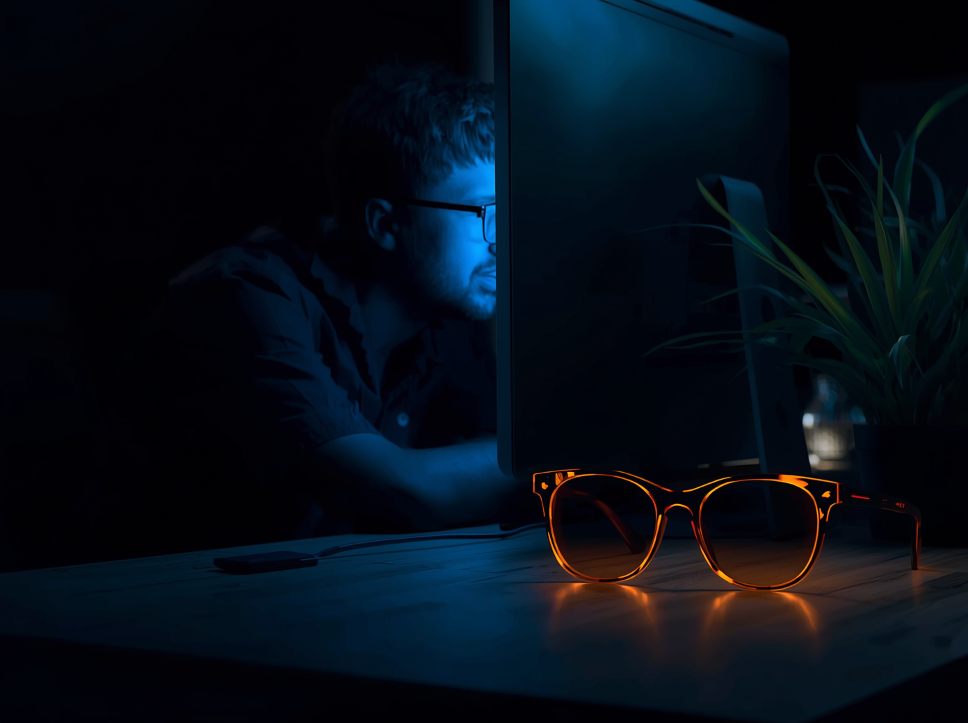 Pessoa trabalhando no computador com exposição à luz azul e óculos de bloqueio